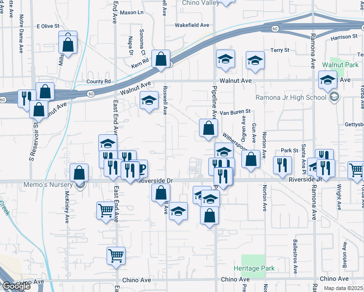 map of restaurants, bars, coffee shops, grocery stores, and more near 12755 Farndon Avenue in Chino