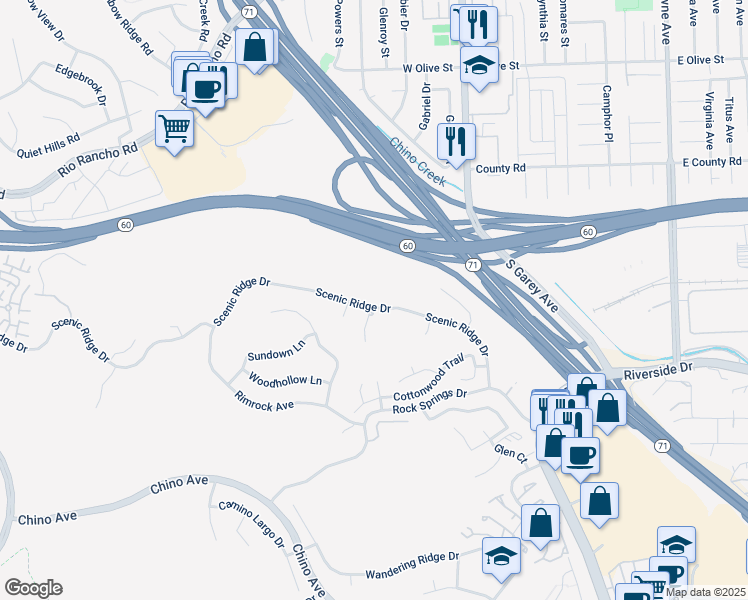 map of restaurants, bars, coffee shops, grocery stores, and more near 2364 Scenic Ridge Drive in Chino Hills