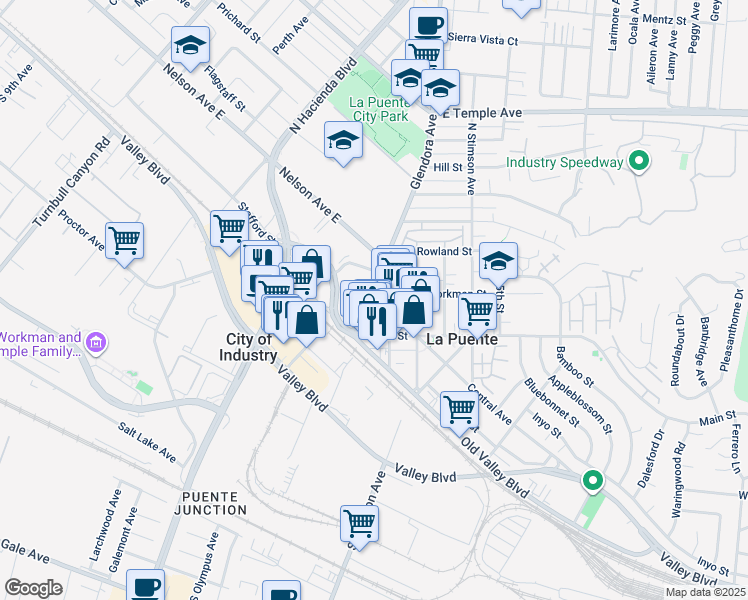 map of restaurants, bars, coffee shops, grocery stores, and more near 145-199 Glendora Ave in La Puente