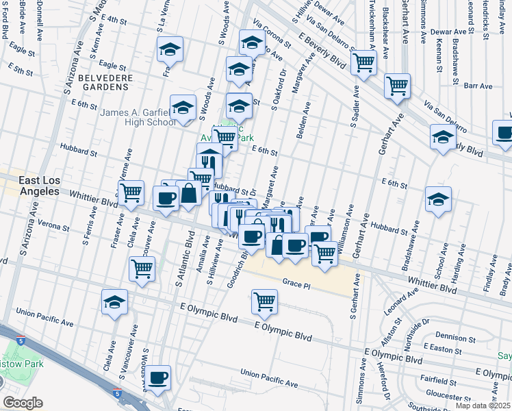 map of restaurants, bars, coffee shops, grocery stores, and more near 714 South Oakford Drive in Los Angeles