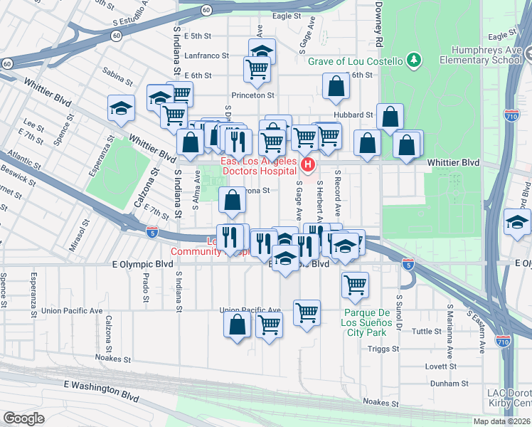 map of restaurants, bars, coffee shops, grocery stores, and more near 1039 South Eastman Avenue in Los Angeles