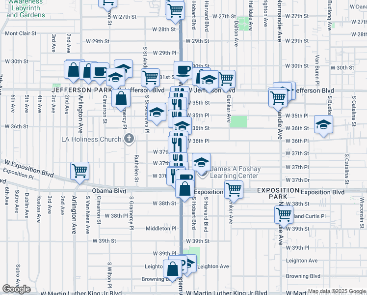 map of restaurants, bars, coffee shops, grocery stores, and more near 1660 West 36th Place in Los Angeles
