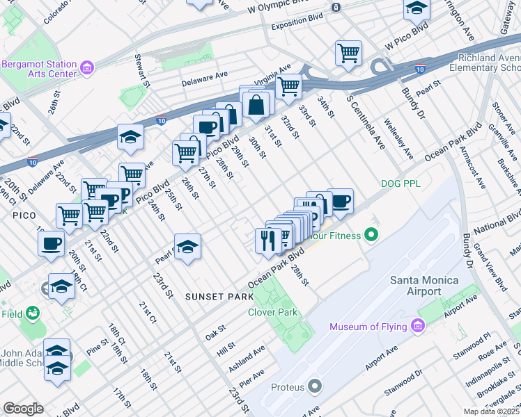 map of restaurants, bars, coffee shops, grocery stores, and more near 2433 28th Street in Santa Monica