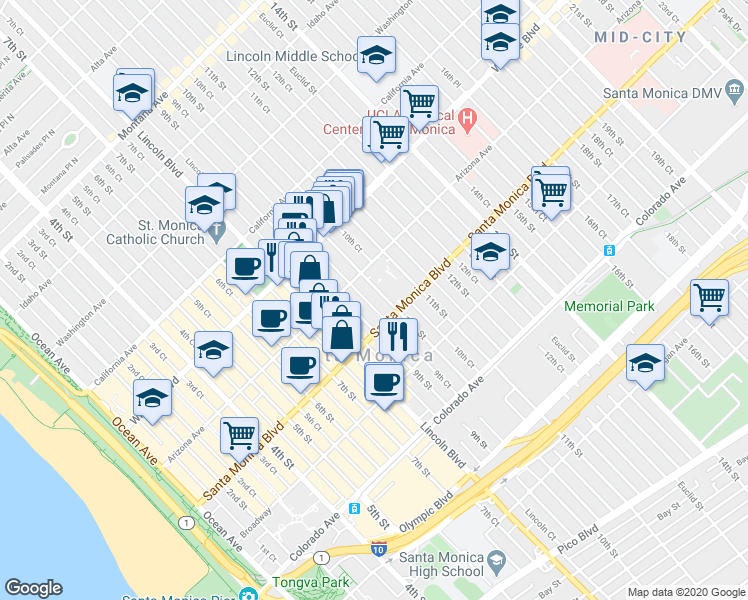 map of restaurants, bars, coffee shops, grocery stores, and more near 1321 9th Court in Santa Monica
