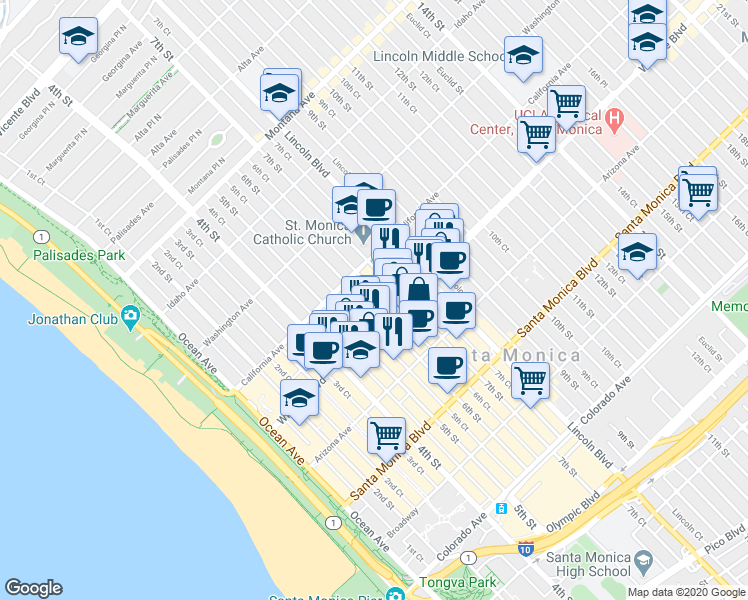 map of restaurants, bars, coffee shops, grocery stores, and more near 1133 6th Street in Santa Monica