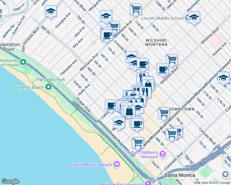 map of restaurants, bars, coffee shops, grocery stores, and more near 1038 4th Court in Santa Monica