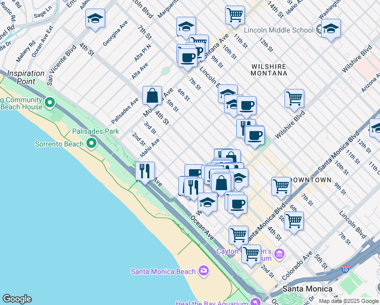 map of restaurants, bars, coffee shops, grocery stores, and more near 1002 4th Street in Santa Monica