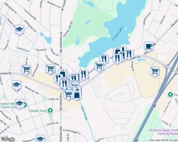 map of restaurants, bars, coffee shops, grocery stores, and more near 5035 Lakeshore Drive in Columbia