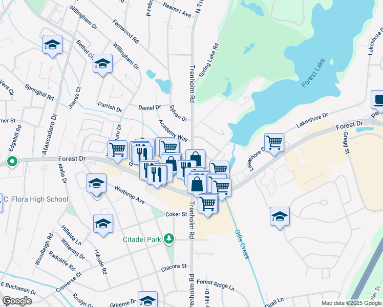 map of restaurants, bars, coffee shops, grocery stores, and more near 5317 Trenholm Road in Columbia