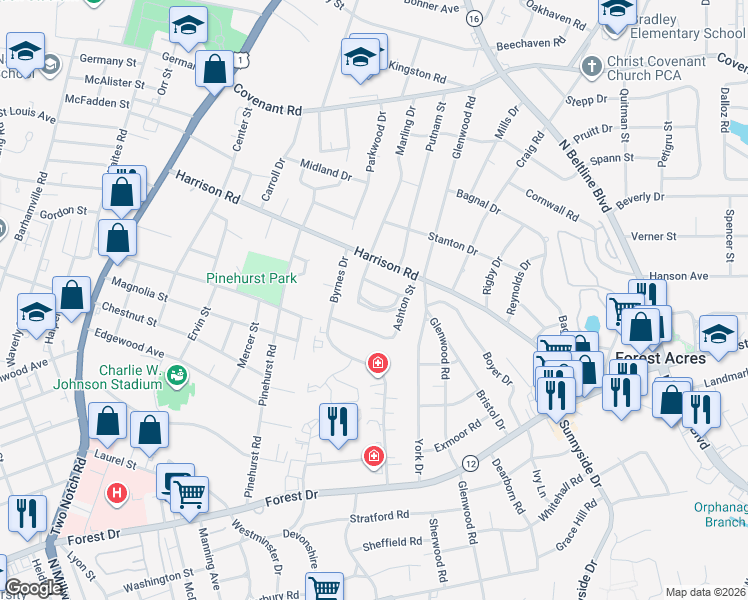 map of restaurants, bars, coffee shops, grocery stores, and more near 2827 Keats Street in Columbia