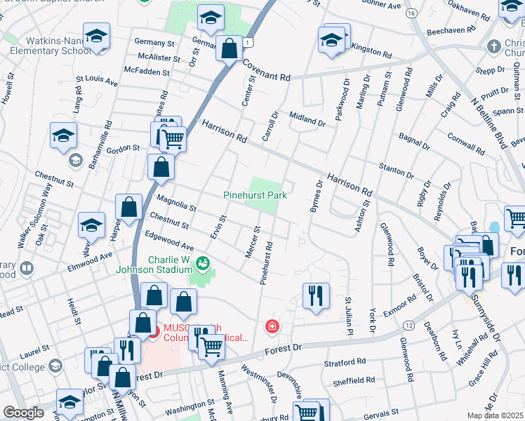 map of restaurants, bars, coffee shops, grocery stores, and more near 2828 School House Road in Columbia
