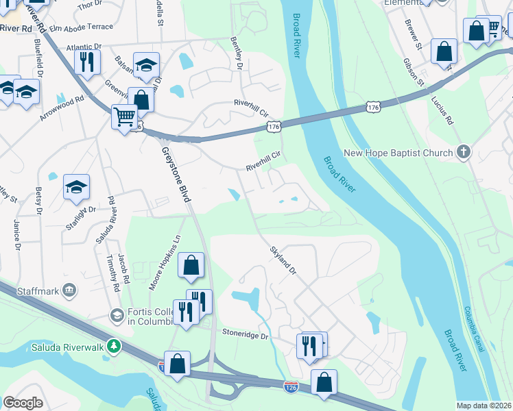 map of restaurants, bars, coffee shops, grocery stores, and more near 104 Skyland Drive in Columbia