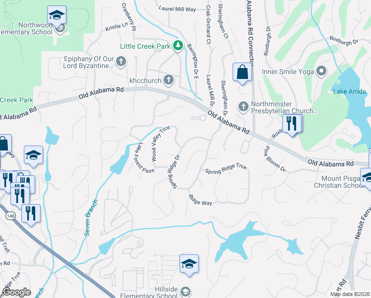 map of restaurants, bars, coffee shops, grocery stores, and more near 435 Spring Ridge Drive in Roswell