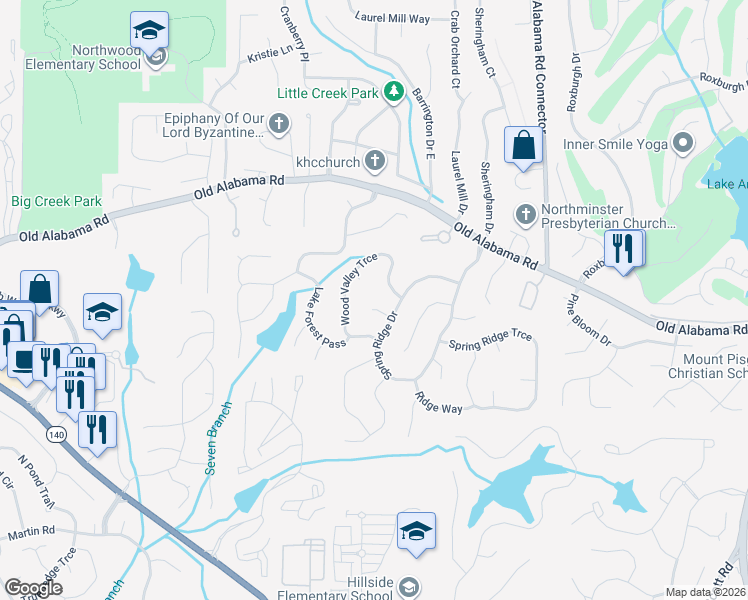 map of restaurants, bars, coffee shops, grocery stores, and more near 225 Overlook Court in Roswell