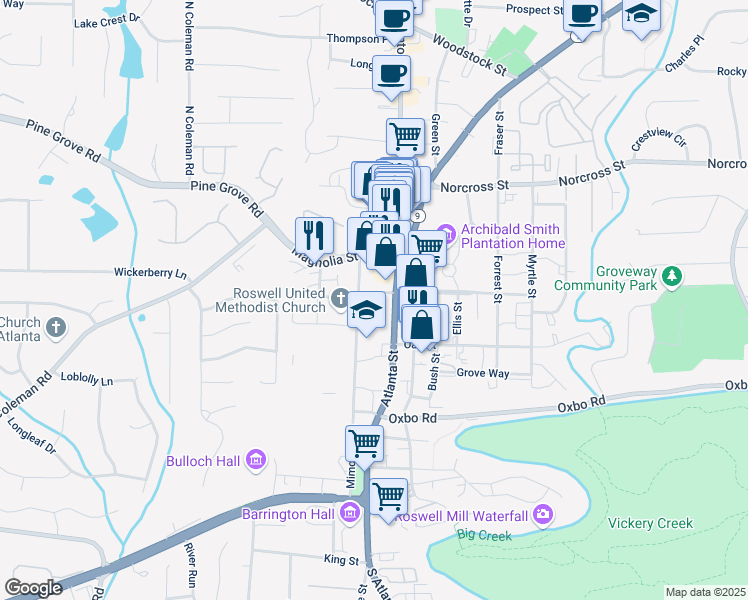 map of restaurants, bars, coffee shops, grocery stores, and more near 16 Ramsey Street in Roswell