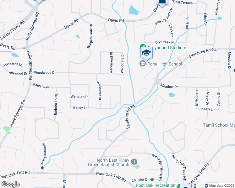 map of restaurants, bars, coffee shops, grocery stores, and more near 2915 Creek Park Drive in Marietta