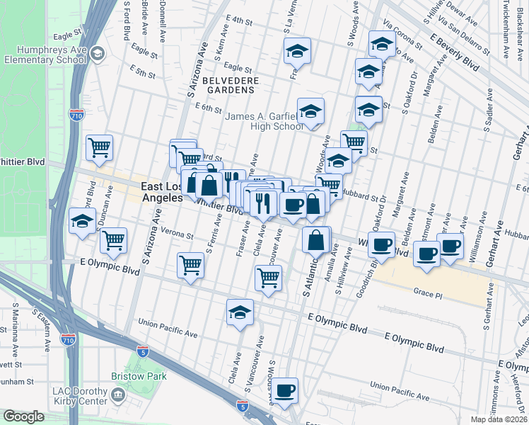 map of restaurants, bars, coffee shops, grocery stores, and more near 5043 Whittier Boulevard in East Los Angeles