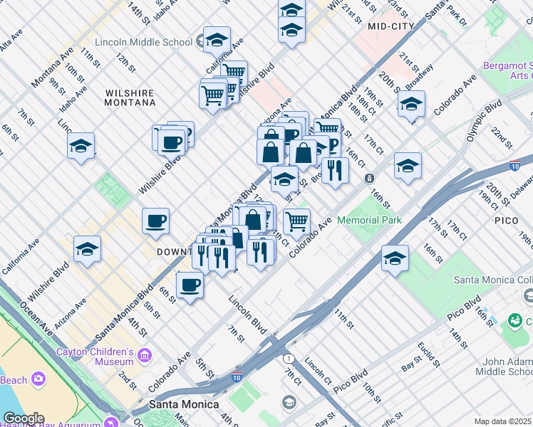 map of restaurants, bars, coffee shops, grocery stores, and more near 1448 12th Street in Santa Monica
