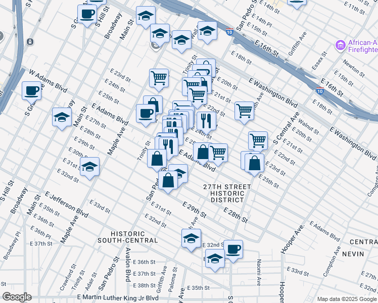 map of restaurants, bars, coffee shops, grocery stores, and more near 731 East Adams Boulevard in Los Angeles