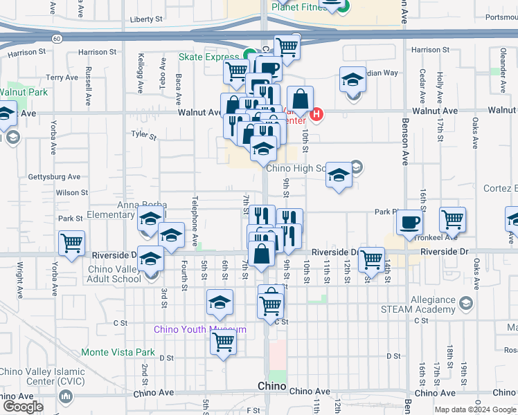map of restaurants, bars, coffee shops, grocery stores, and more near 12770 Central Avenue in Chino
