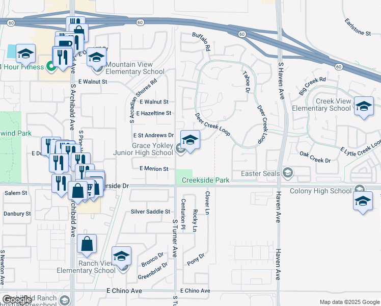 map of restaurants, bars, coffee shops, grocery stores, and more near 2947 South Turner Avenue in Ontario