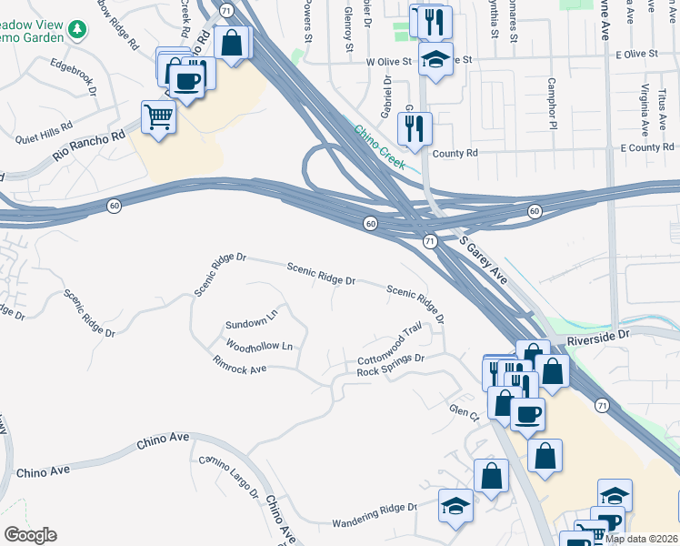 map of restaurants, bars, coffee shops, grocery stores, and more near 2364 Scenic Ridge Drive in Chino Hills