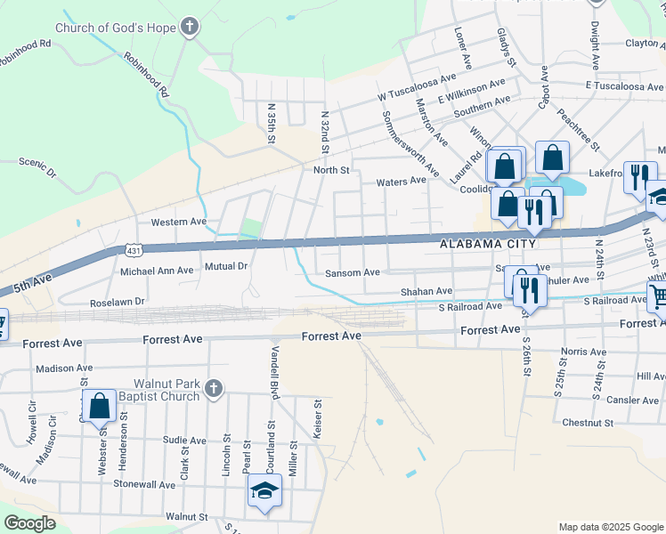 map of restaurants, bars, coffee shops, grocery stores, and more near 3107 Sansom Avenue in Gadsden