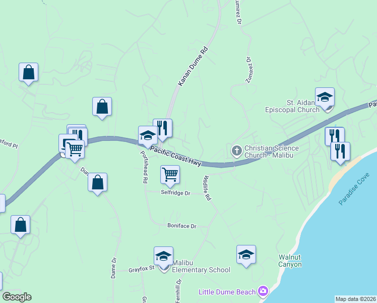 map of restaurants, bars, coffee shops, grocery stores, and more near 28908 Wight Road in Malibu