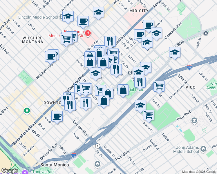 map of restaurants, bars, coffee shops, grocery stores, and more near 1543 Euclid Street in Santa Monica