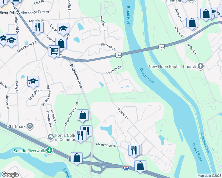 map of restaurants, bars, coffee shops, grocery stores, and more near 104 Skyland Drive in Columbia