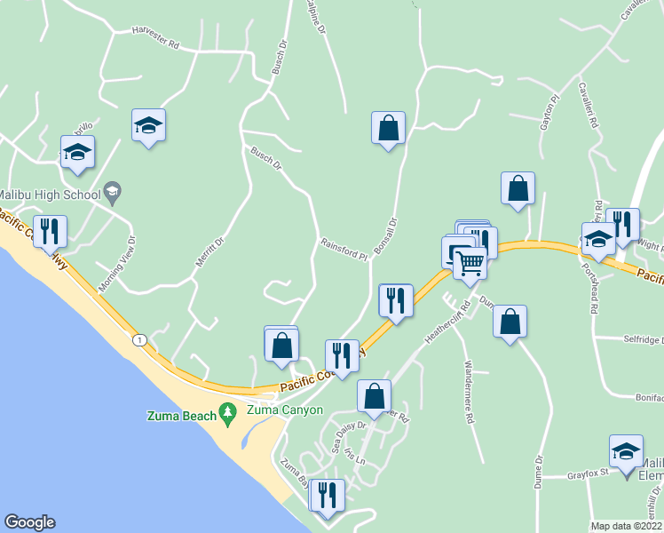 map of restaurants, bars, coffee shops, grocery stores, and more near 29530 Rainsford Place in Malibu