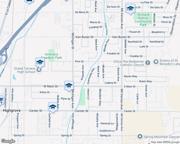 map of restaurants, bars, coffee shops, grocery stores, and more near 12788 Fremontia Avenue in Grand Terrace