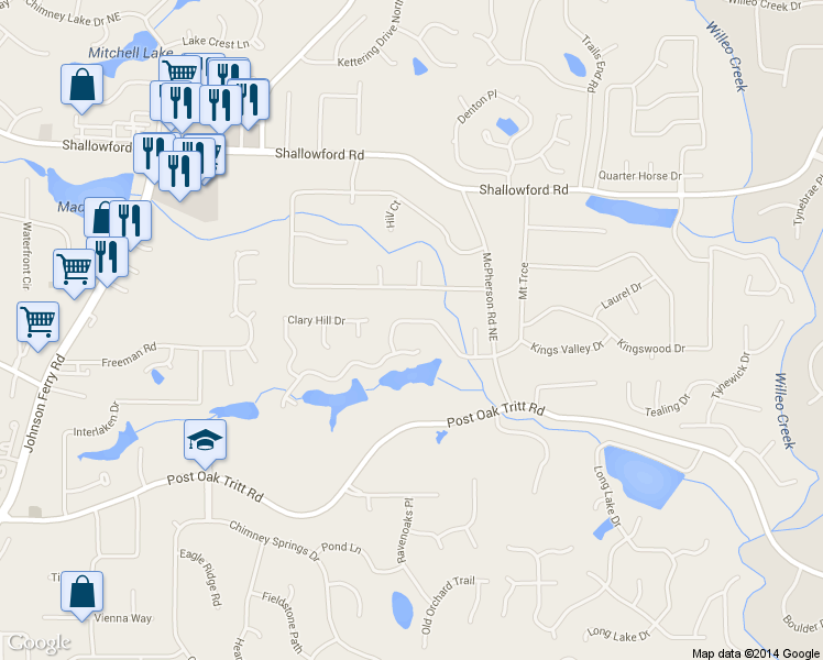 map of restaurants, bars, coffee shops, grocery stores, and more near 2922 Mountain Trace Northeast in Roswell