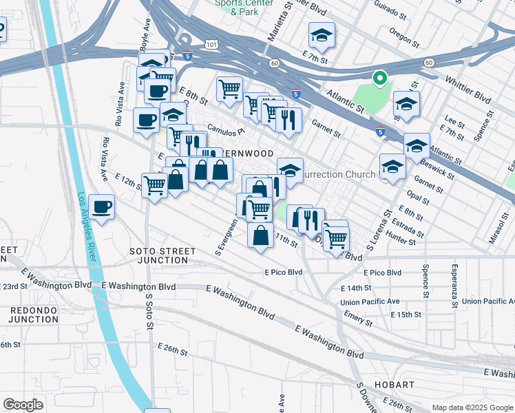 map of restaurants, bars, coffee shops, grocery stores, and more near 3018 E Olympic Blvd in Los Angeles