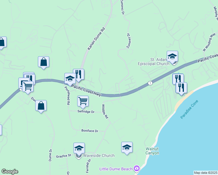 map of restaurants, bars, coffee shops, grocery stores, and more near 28711 Pacific Coast Highway in Malibu