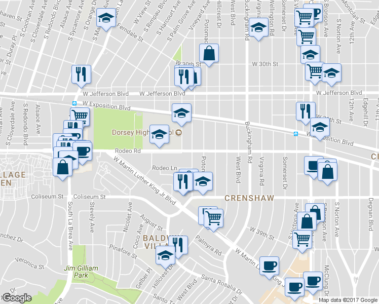 map of restaurants, bars, coffee shops, grocery stores, and more near 4600 Obama Boulevard in Los Angeles