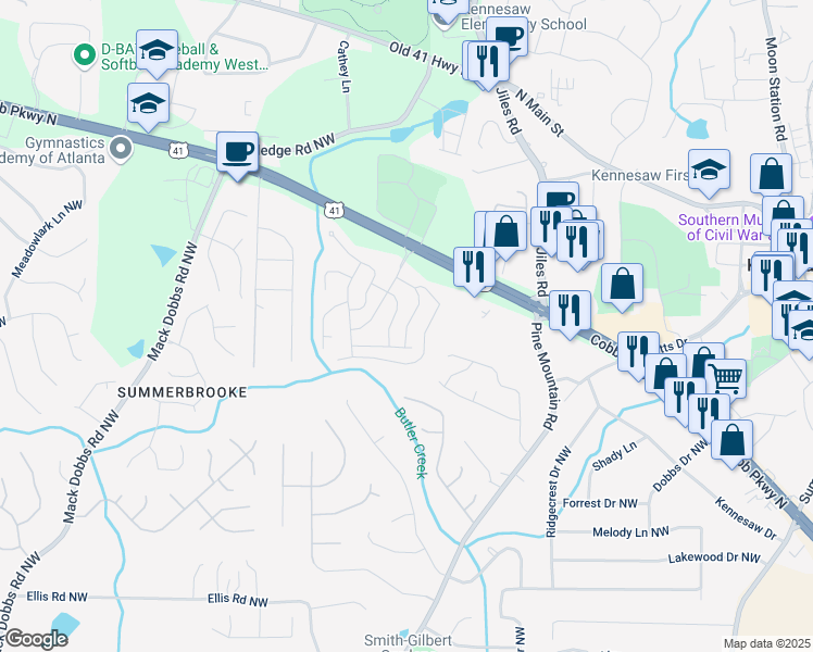 map of restaurants, bars, coffee shops, grocery stores, and more near 7 Pine Burr Drive Northwest in Kennesaw