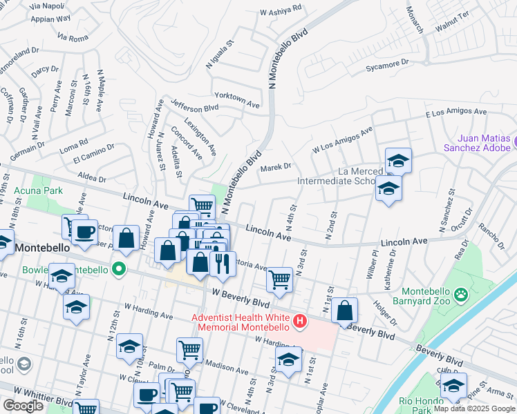 map of restaurants, bars, coffee shops, grocery stores, and more near 730 De Palma Way in Montebello