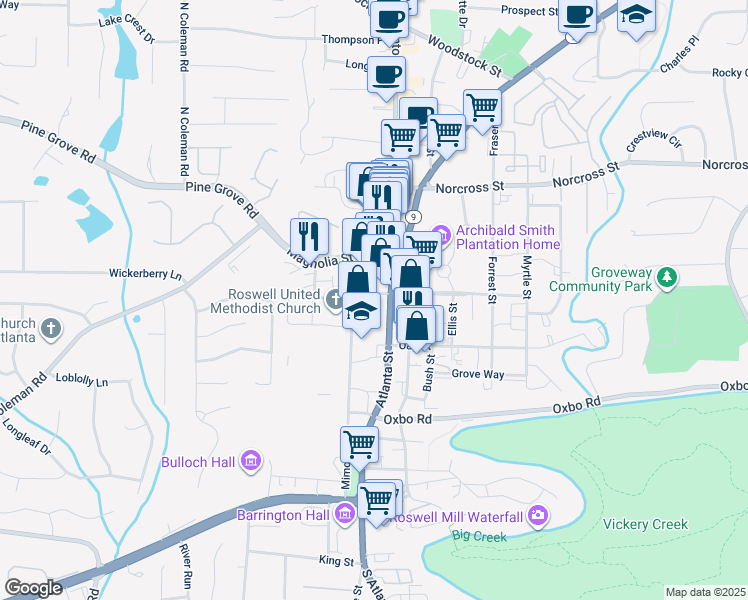 map of restaurants, bars, coffee shops, grocery stores, and more near 849 Mimosa Boulevard in Roswell