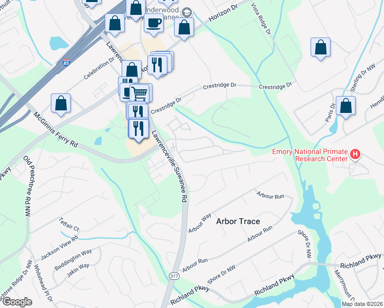 map of restaurants, bars, coffee shops, grocery stores, and more near 414 Reynoldston Way in Suwanee