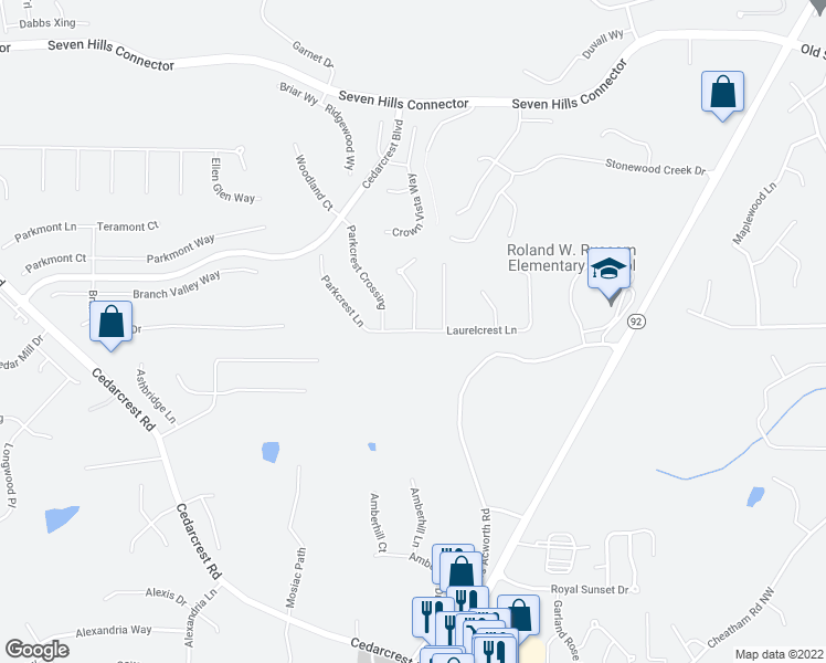 map of restaurants, bars, coffee shops, grocery stores, and more near 163 Laurelcrest Lane in Dallas