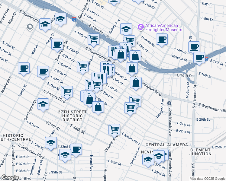 map of restaurants, bars, coffee shops, grocery stores, and more near 1348 East 21st Street in Los Angeles