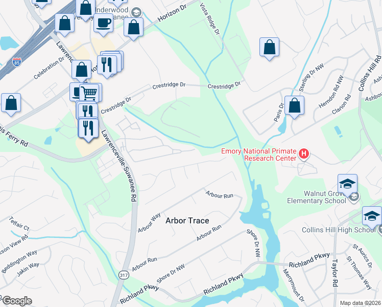 map of restaurants, bars, coffee shops, grocery stores, and more near 36 Reynoldston Court in Suwanee