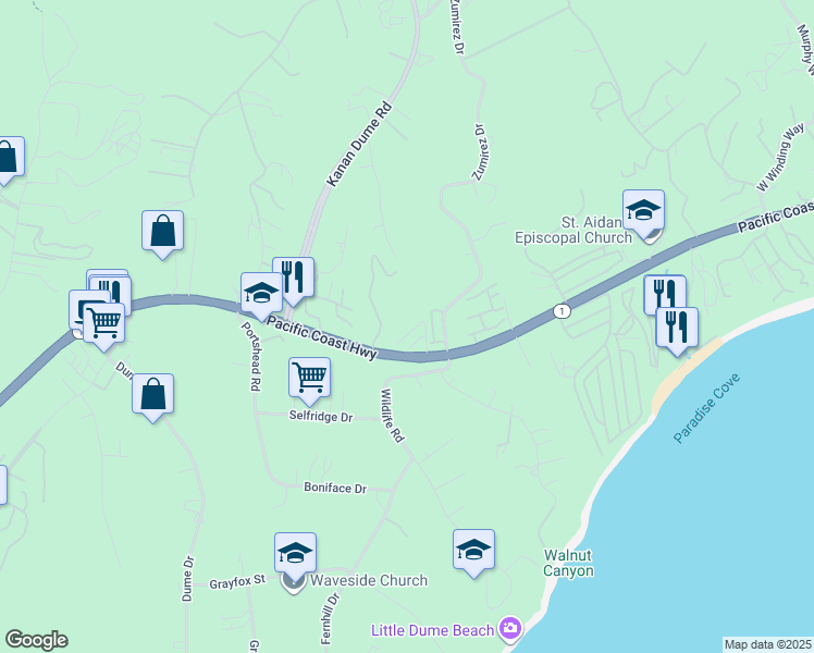 map of restaurants, bars, coffee shops, grocery stores, and more near 28711 Pacific Coast Highway in Malibu