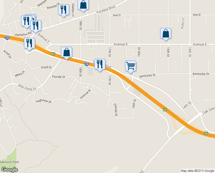 map of restaurants, bars, coffee shops, grocery stores, and more near 12788 17th Street in Redlands