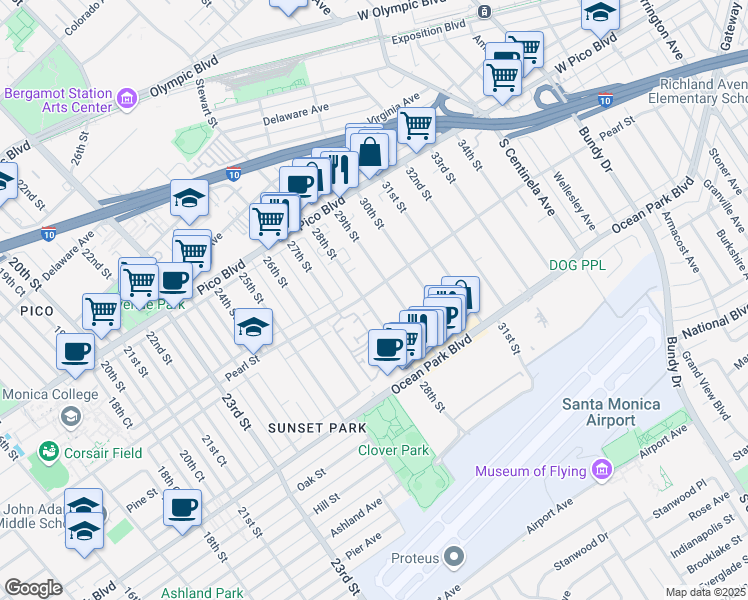 map of restaurants, bars, coffee shops, grocery stores, and more near 2433 28th Street in Santa Monica