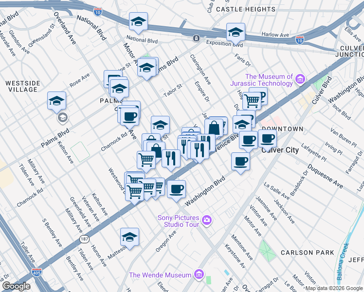 map of restaurants, bars, coffee shops, grocery stores, and more near 3737 Motor Avenue in Los Angeles