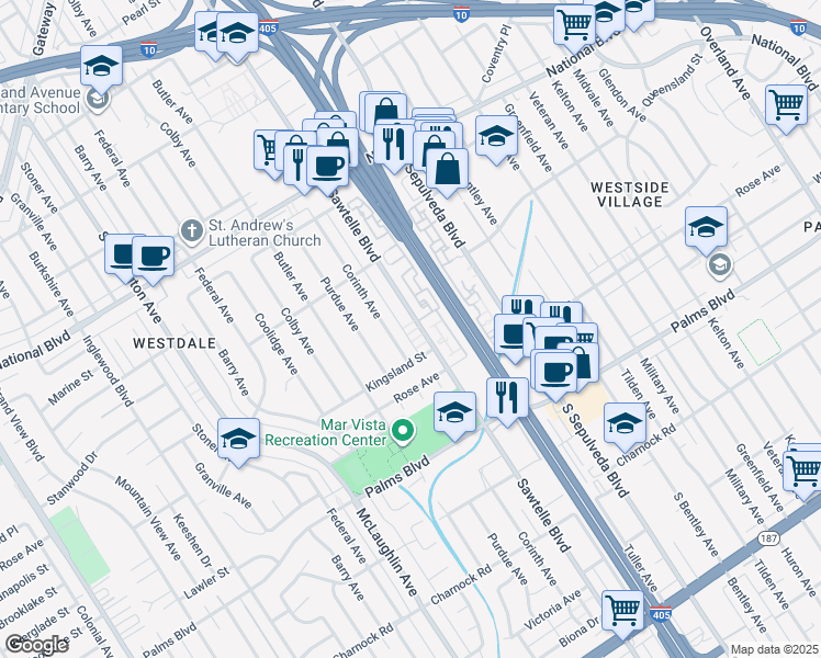 map of restaurants, bars, coffee shops, grocery stores, and more near in Los Angeles