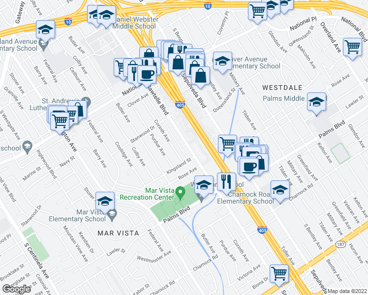 map of restaurants, bars, coffee shops, grocery stores, and more near 3261 Sawtelle Boulevard in Los Angeles