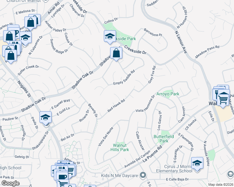 map of restaurants, bars, coffee shops, grocery stores, and more near 560 Golden Spur Circle in Walnut
